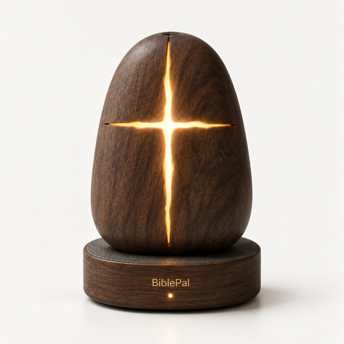 Concept visualization of Biblopal AI Cross Light: a rounded wood-grain form with a warm illuminated cross on a matching round base.