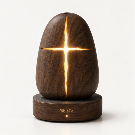 Concept visualization of Biblopal AI Cross Light: a rounded wood-grain form with a warm illuminated cross on a matching round base.